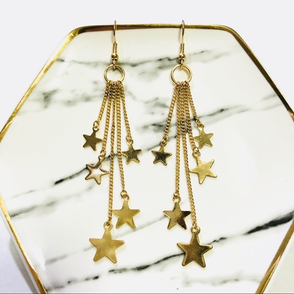 FALLING STARS GOLD MULTI DANGLE CHAIN EARRINGS 3” - Picture 4 of 5